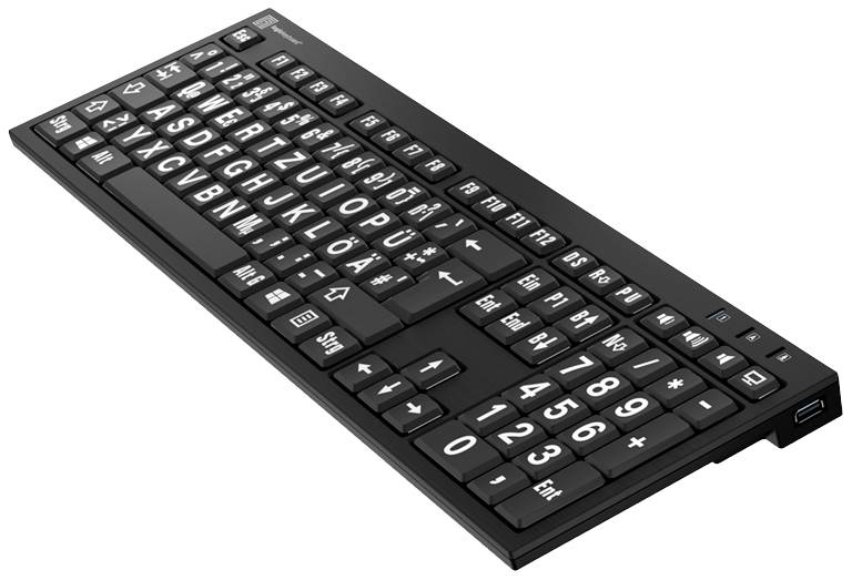 Tastiera per computer nera con lettere e numeri bianchi extra large per una migliore leggibilità. Ideale per utenti con problemi di vista.