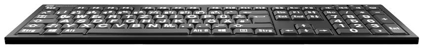 Una tastiera nera per computer con layout tedesco QWERTZ e caratteri bianchi evidenziati sui tasti.