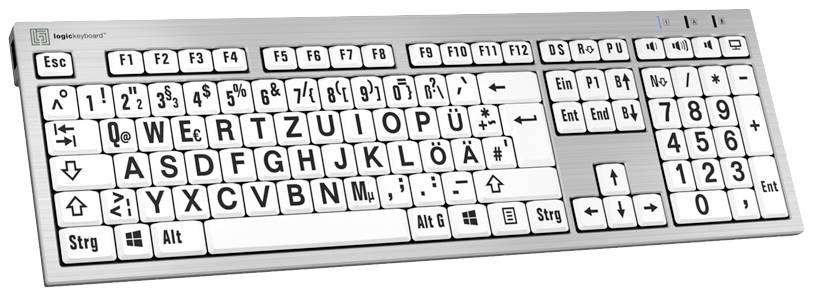 Logickeyboard XL-Print Cablato Tastiera Tedesco, QWERTZ Bianco pulsanti multimedia, Hub USB, Pulsanti silenziosi