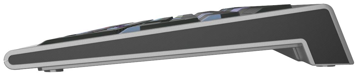 Vista laterale di una tastiera moderna con design ergonomico e inclinazione angolata.