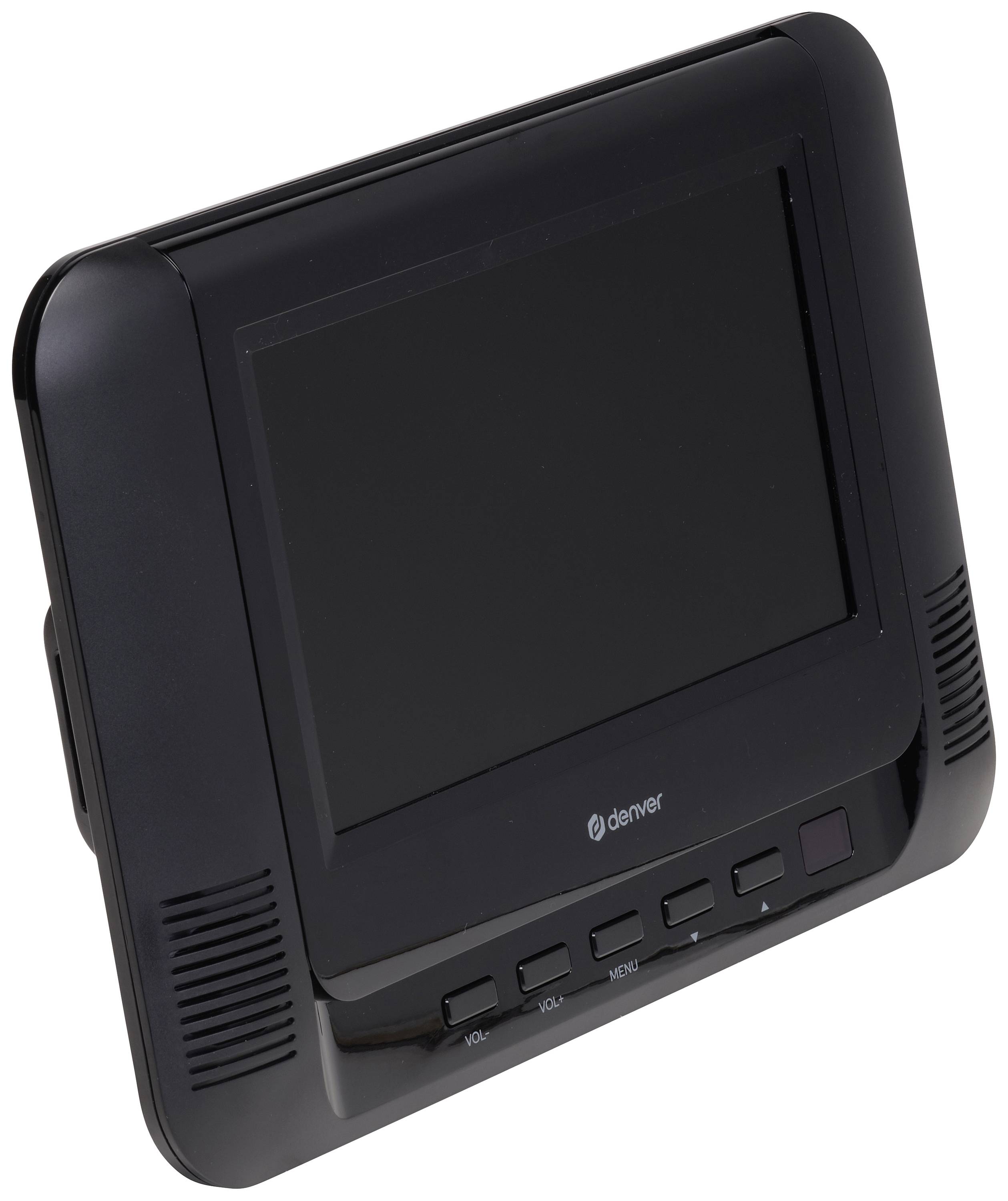 Lettore DVD portatile nero con schermo integrato. I pulsanti di controllo e gli altoparlanti si trovano sotto lo schermo.