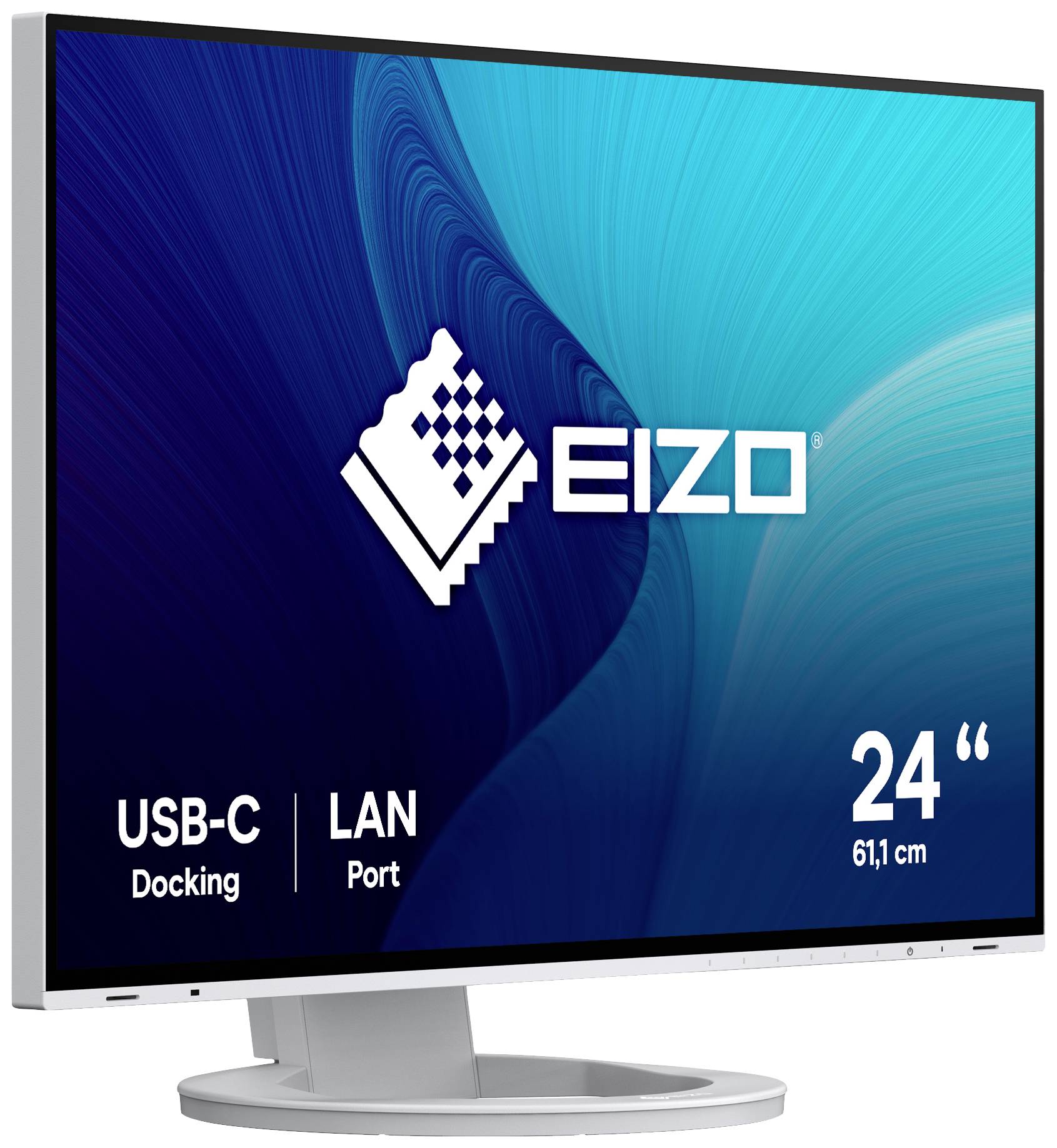 L'immagine mostra un monitor EIZO con diagonale dello schermo da 24 pollici, dock USB-C e porta LAN.
