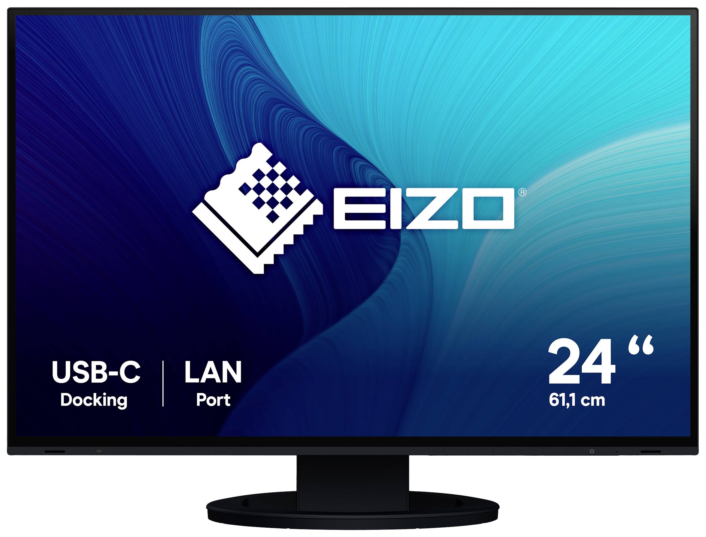 Un monitor nero Eizo da 24 pollici con docking USB-C e porta LAN.