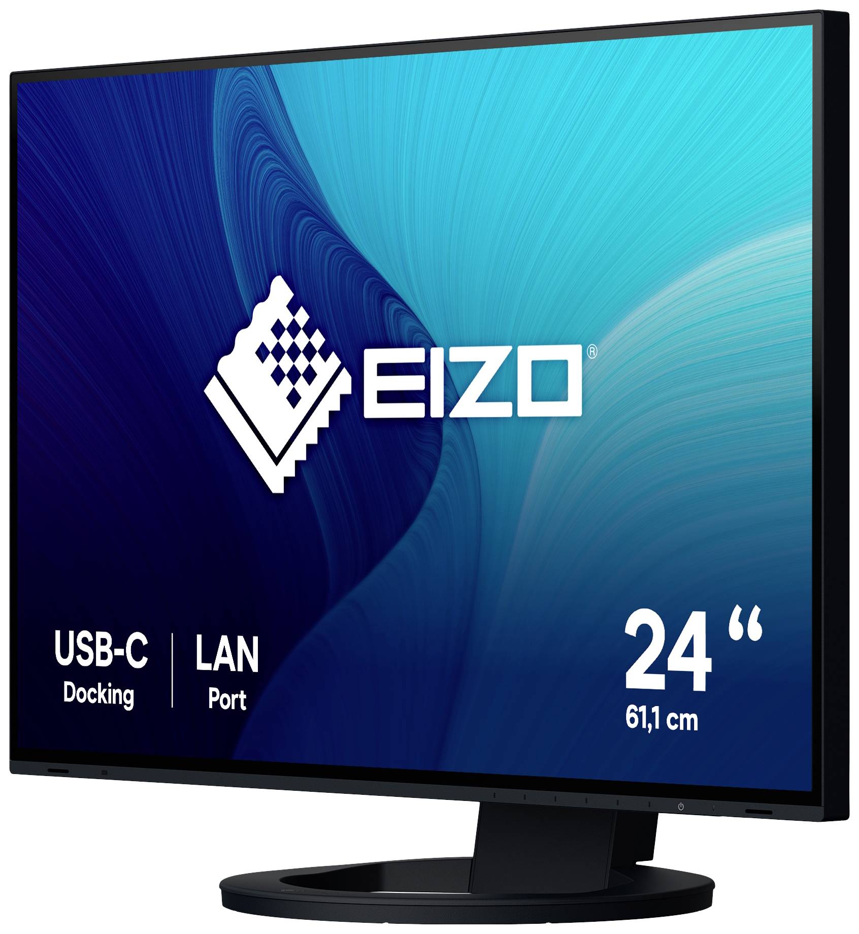 Monitor EIZO con schermo da 24 pollici. Testo che mostra 'Dock USB-C' e 'Porta LAN'. Sfondo con motivo blu.