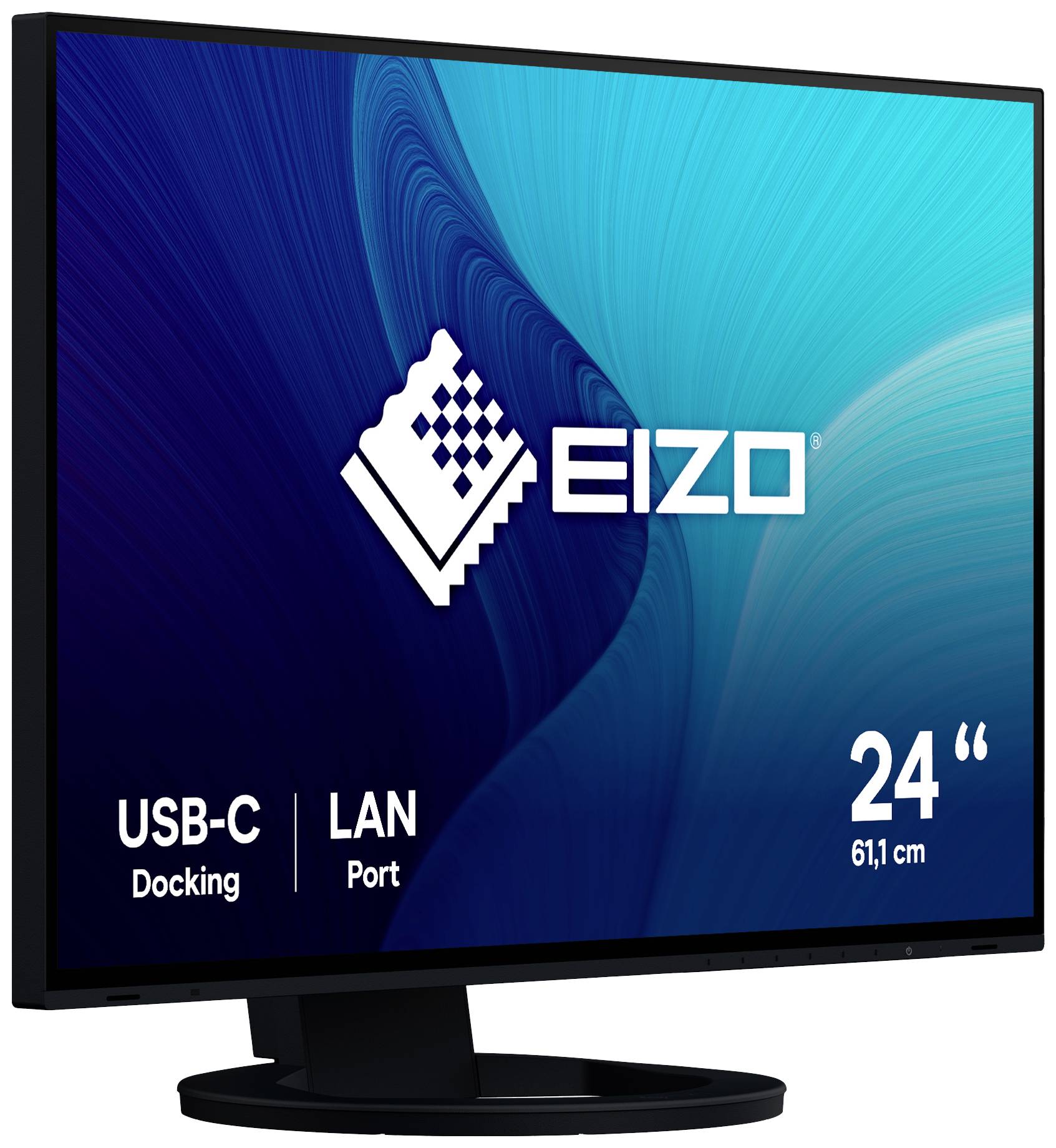 Un monitor EIZO da 24 pollici (61,1 cm) di diagonale dello schermo, con sfondo blu. Connettività: dock USB-C e porta LAN.