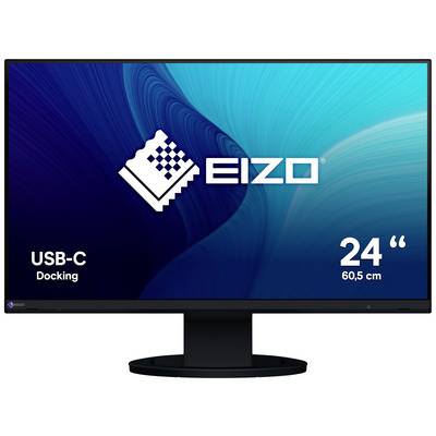 Un monitor da 24 pollici con porta USB-C del marchio EIZO, il display mostra un pattern blu sullo sfondo.