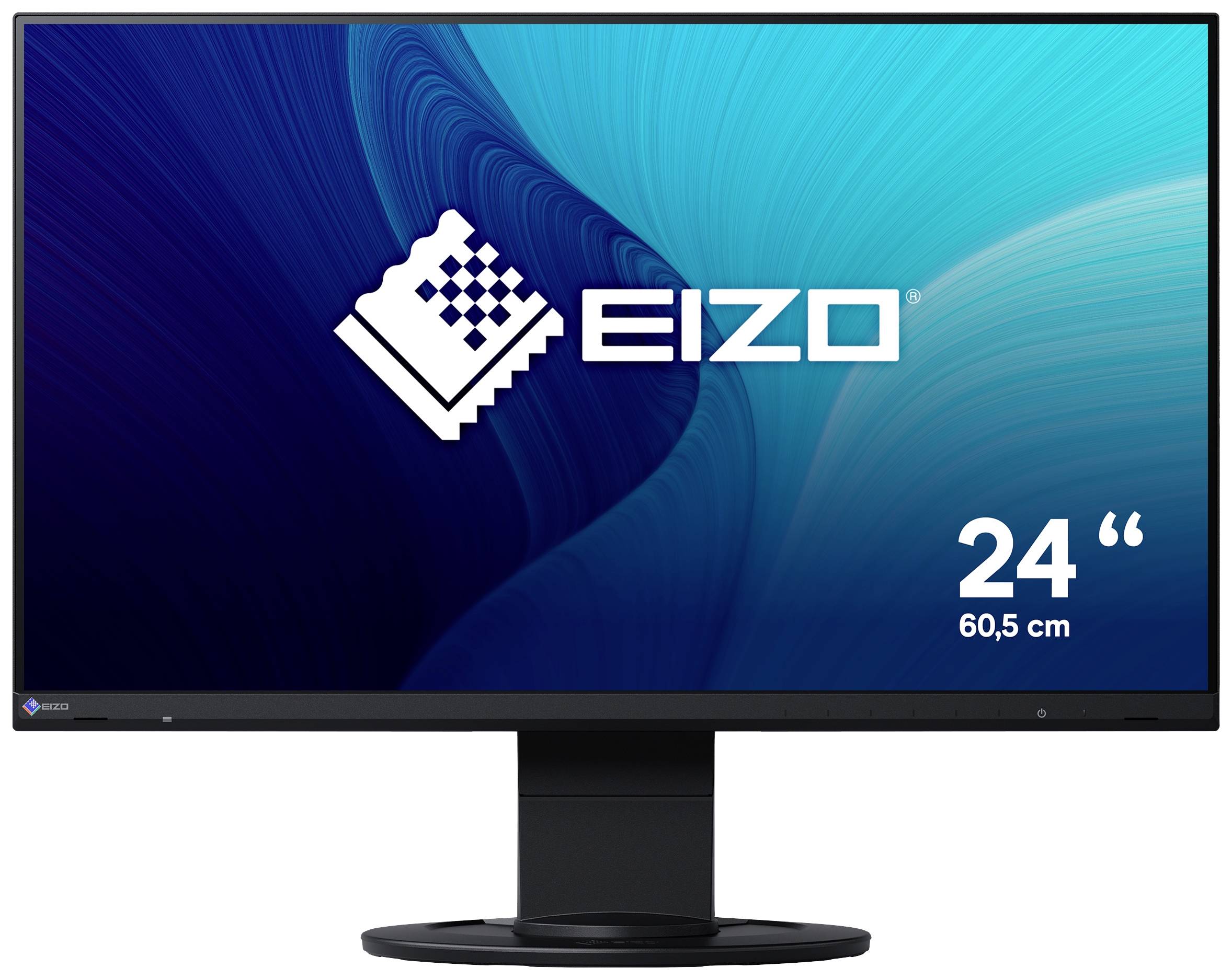 Monitor con cornice nera mostra il logo 'EIZO' su sfondo blu. Dimensione: 24 pollici (60,5 cm).