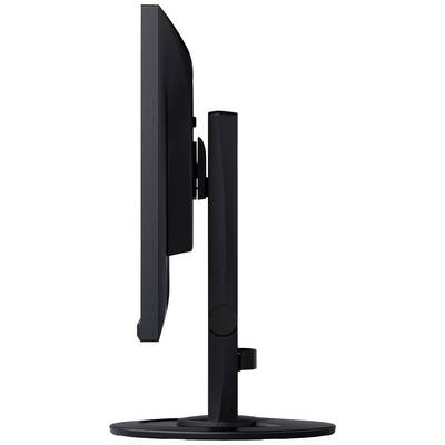 Vista laterale di un monitor nero su un piedistallo circolare. Il display mostra un design sottile e moderno.