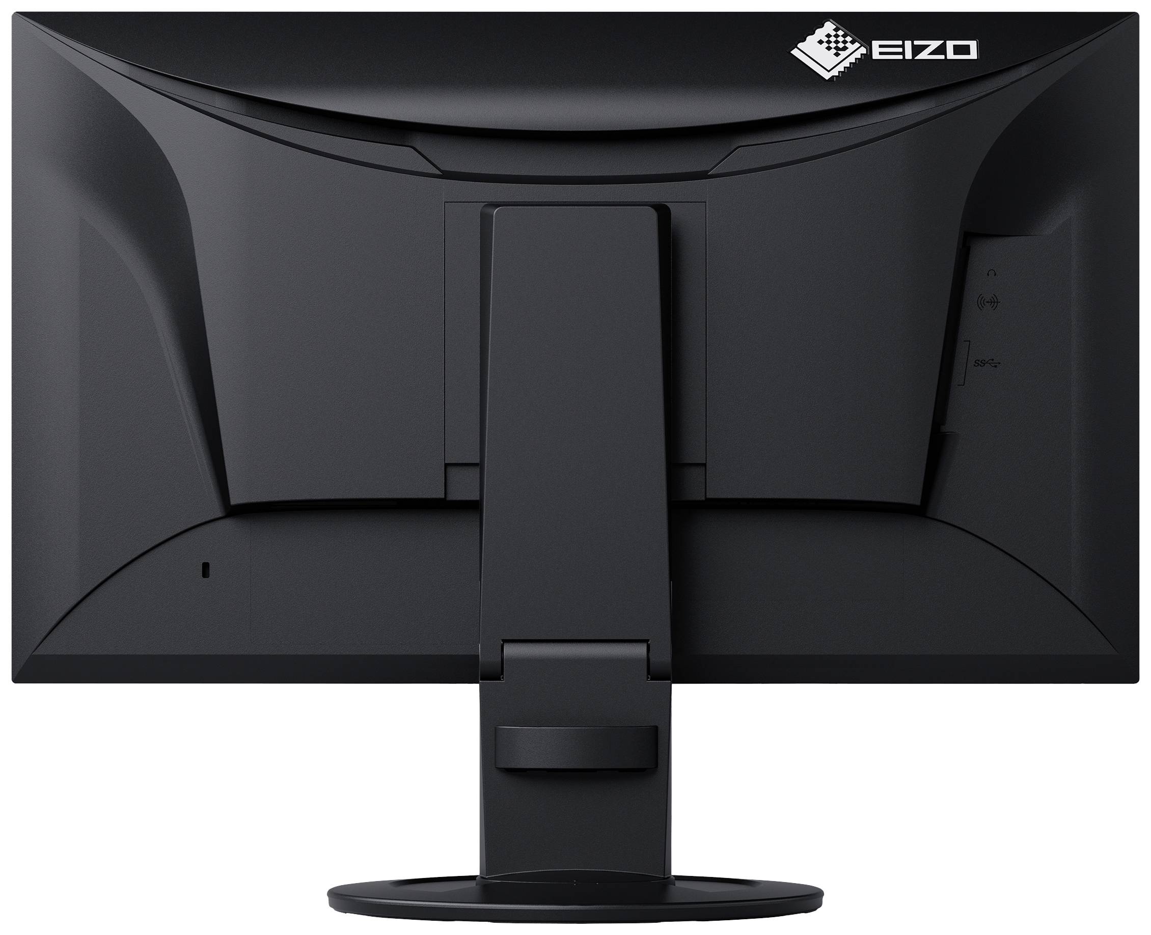 Uno schermo nero per computer visto da dietro, con un supporto stabile, un'iscrizione del marchio in alto a destra e linee dal design pulito.