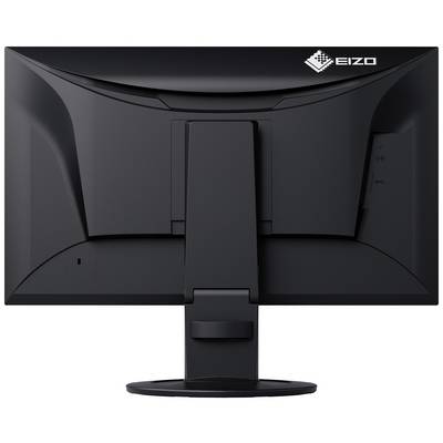 Uno schermo nero per computer visto da dietro, con un supporto stabile, un'iscrizione del marchio in alto a destra e linee dal design pulito.