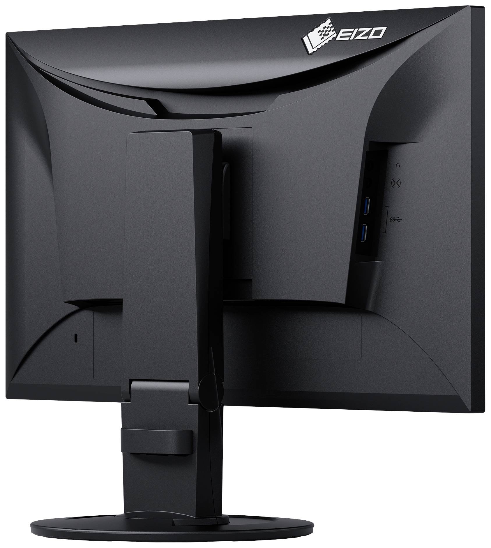 Un monitor nero visto da dietro, su un supporto regolabile. In alto a destra è visibile il logo EIZO.