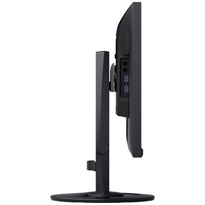 Un monitor nero visto di lato, che mostra le porte di connessione e una cornice sottile, con una base rotonda e un piedistallo regolabile.
