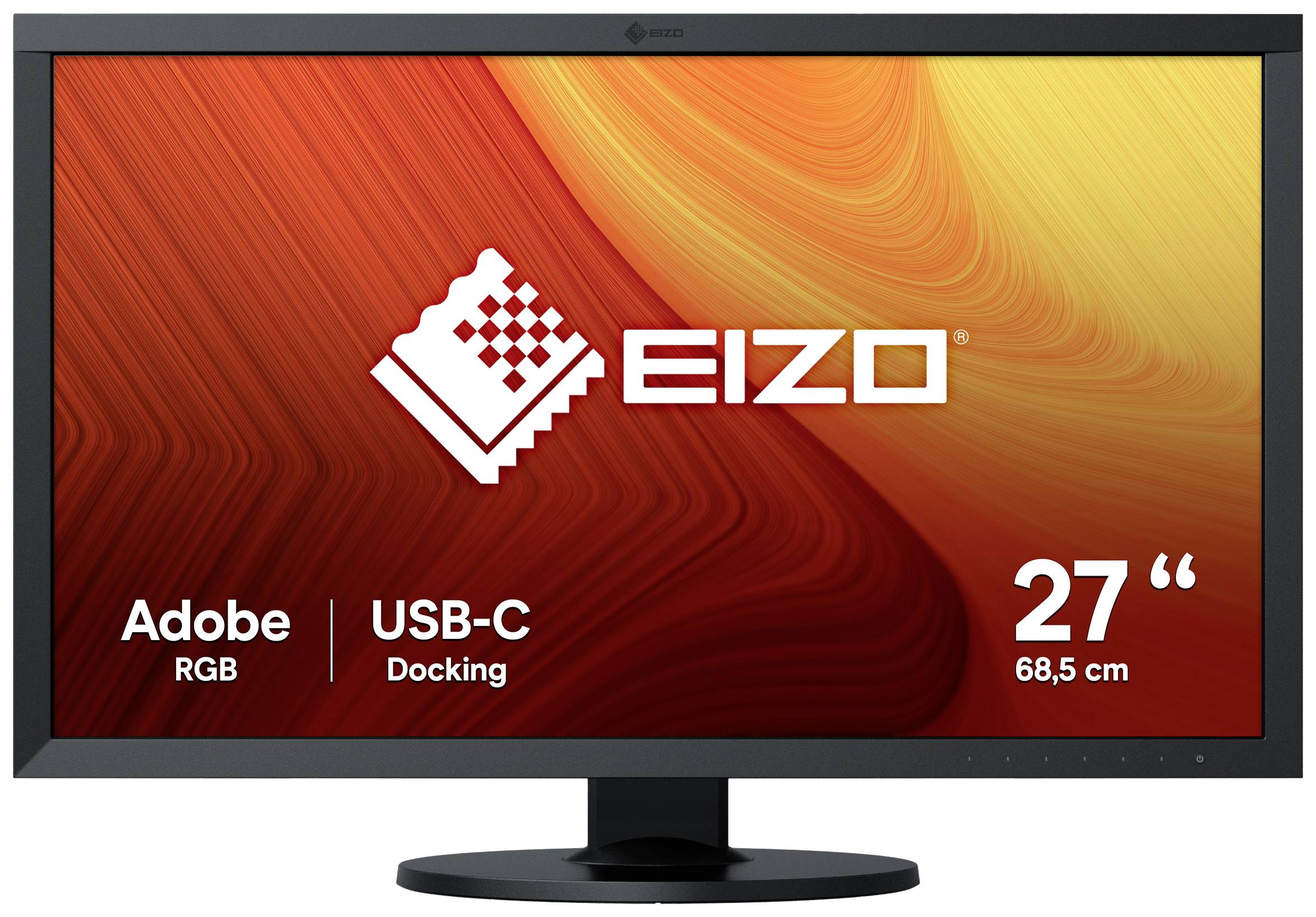 Monitor con logo EIZO sullo schermo, supporta Adobe RGB e docking USB-C, dimensione display da 27 pollici (68,5 cm).