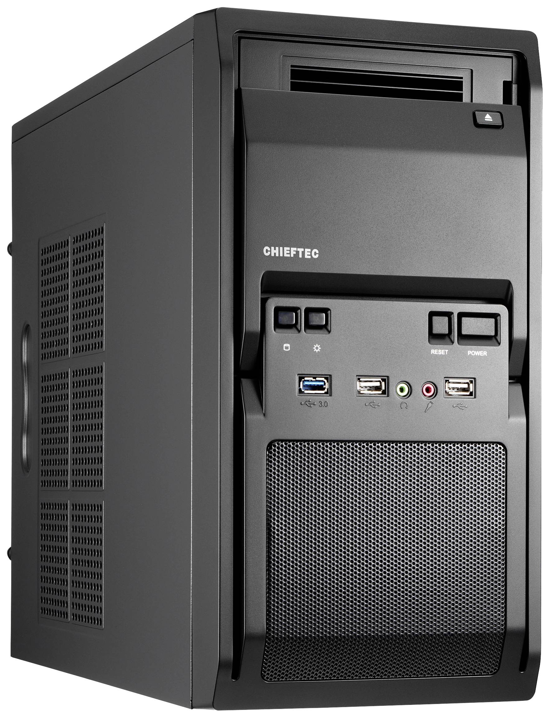 Un case per computer nero con diversi porte USB e connettori audio sul lato frontale.