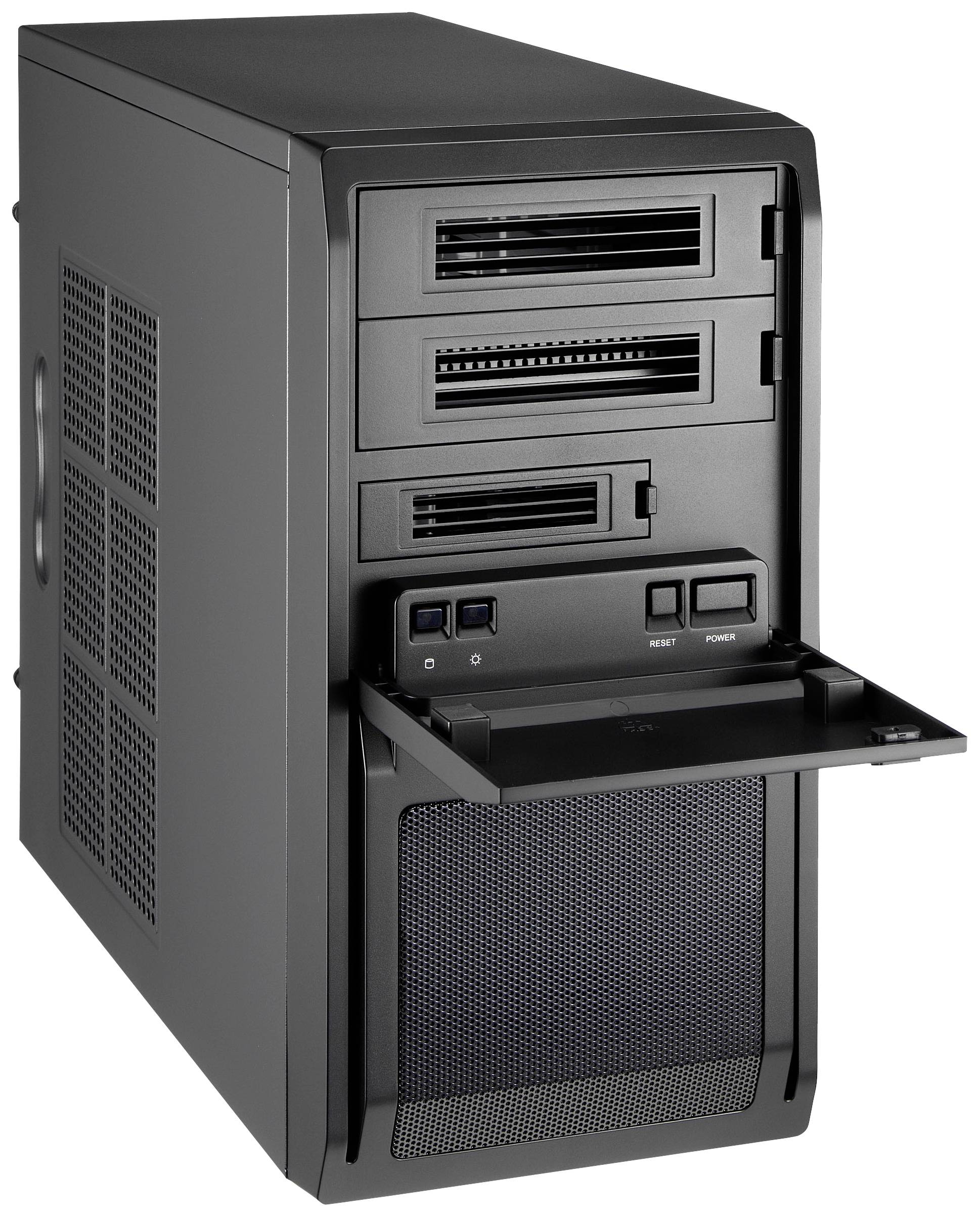 Un case nero per computer con diversi vani per unità sul lato anteriore, tra cui un lettore CD aperto e due porte USB.