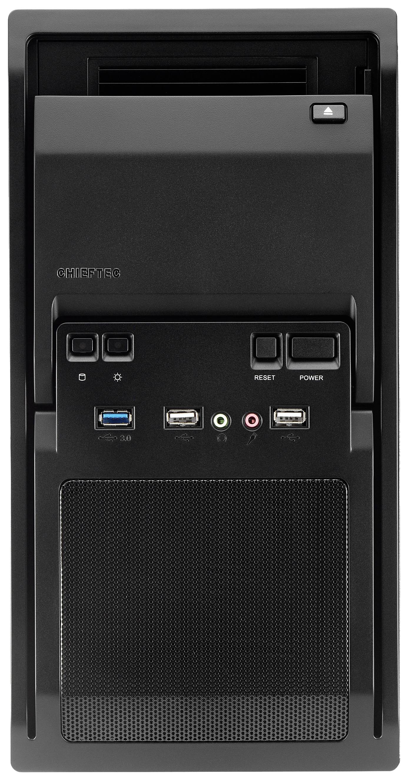 Custodia per computer nera con diversi porte e interruttori sul lato anteriore.