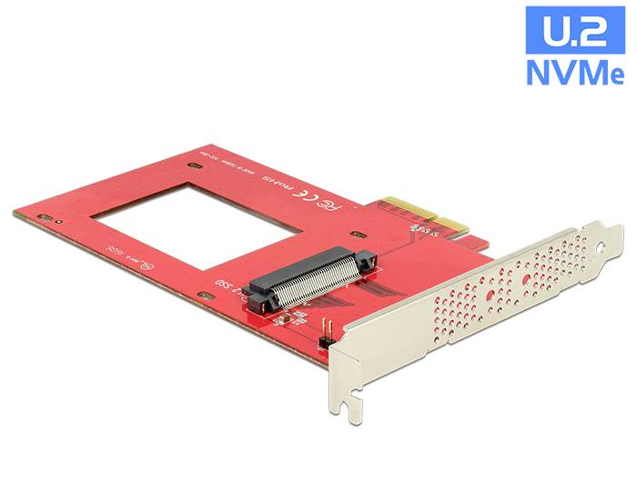Scheda adattatrice U.2 NVMe PCIe rossa mostra la scheda madre con lo slot per interfaccia U.2, connettore PCIe e staffa metallica.