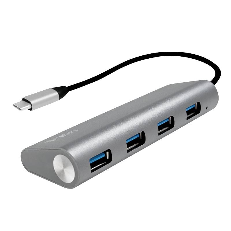 Hub USB-C con quattro porte USB 3.0 e un cavo USB-C integrato. È di colore argento e progettato per collegare più dispositivi.