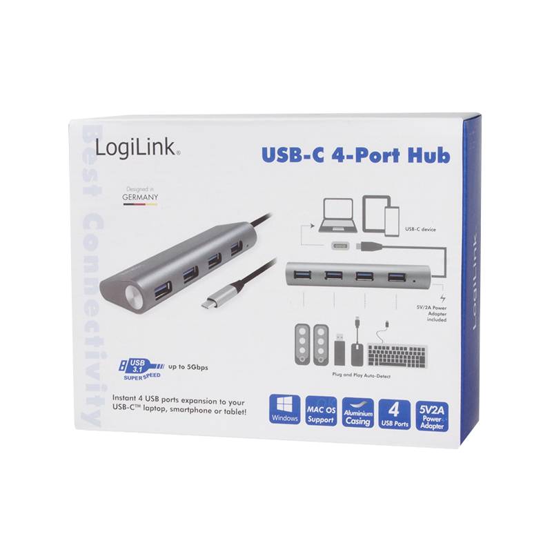 Confezione del 'LogiLink Hub USB-C a 4 Porte' che mostra l'hub con 4 porte USB, compatibilità con Windows e Mac OS, alimentazione 5V/2A.