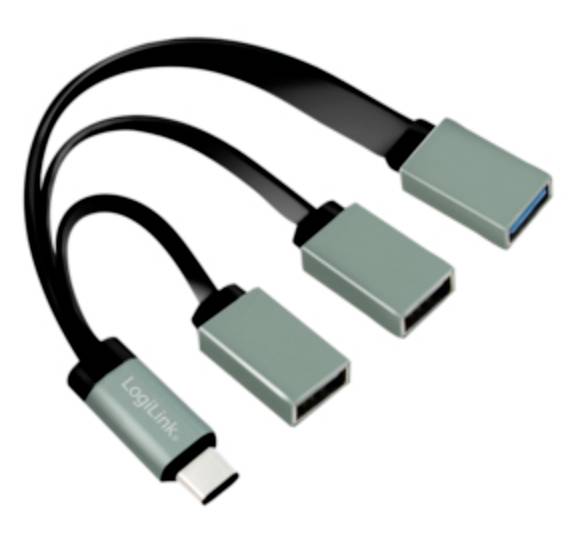 Tre cavi adattatori neri con connettore USB-C che terminano in tre prese USB-A. Idonei per il collegamento di dispositivi USB meno recenti.