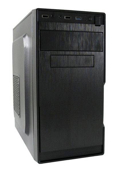'Custodia per computer nera con porte USB e jack per altoparlanti installati sul lato frontale, priva di qualsiasi identificazione del marchio.'