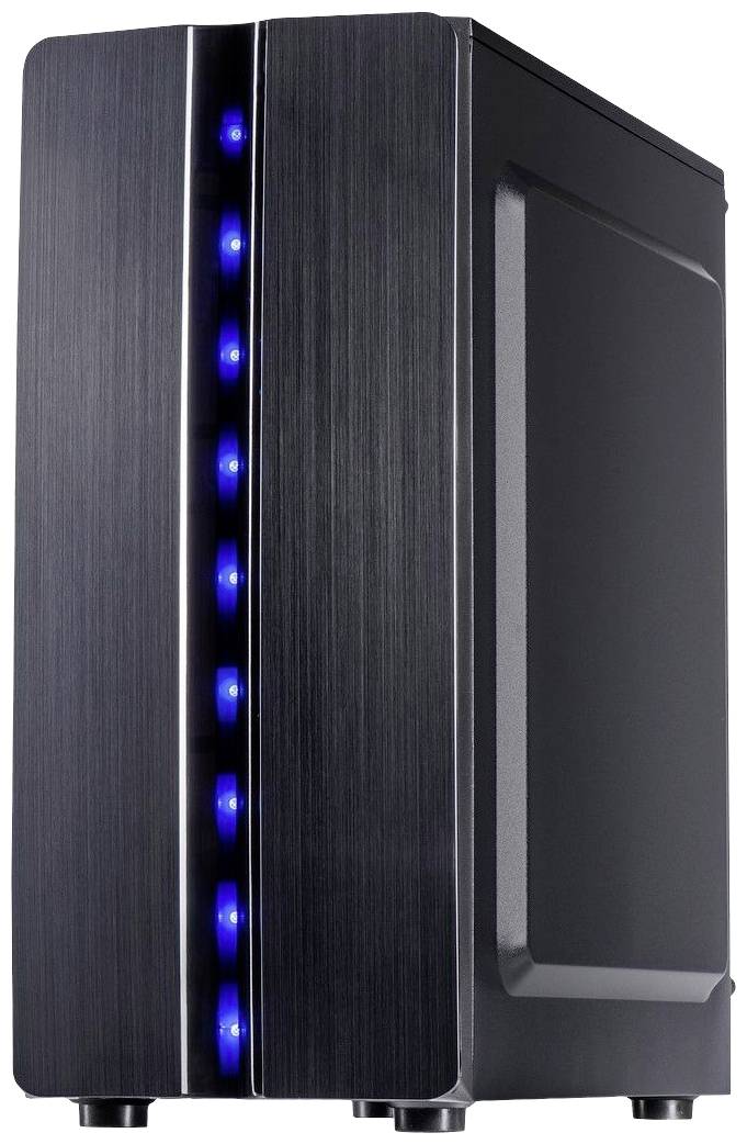 Un case per computer nero con luci LED blu sul lato anteriore. Vista laterale dal lato destro.