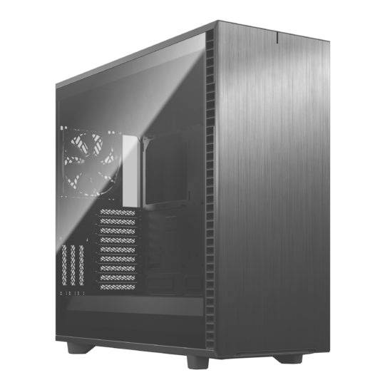 Un case per computer in metallo spazzolato con pannello laterale trasparente che mostra gli elementi di ventilazione all'interno.