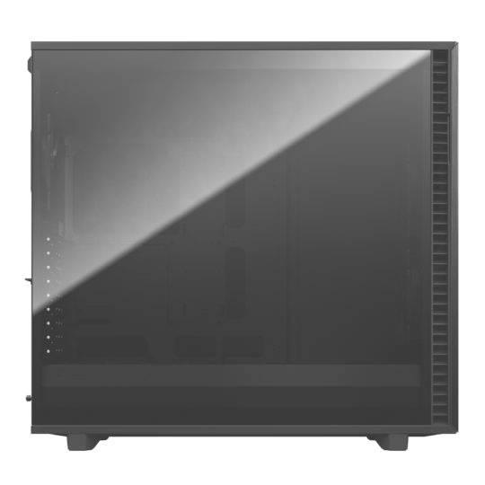 Un case per computer nero con una finestra laterale trasparente che consente una parziale vista dell'interno. Design elegante e minimalista.
