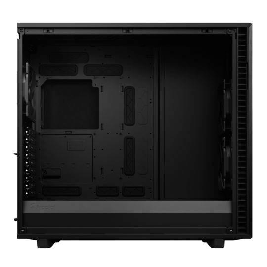 Custodia per computer nera, aperta dal lato. Nessun componente installato visibile. Spazio riconoscibile per ventole e scheda madre.