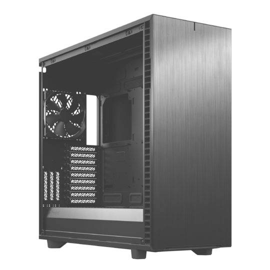 Un case per PC vuoto con il pannello laterale aperto. Sono visibili aperture per ventole e supporti per componenti hardware.