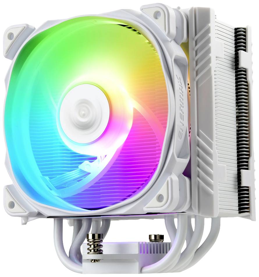 Un dissipatore di calore per CPU bianco con una ventola che illumina in modo variopinto, emettendo luce in diversi colori, su uno sfondo bianco.