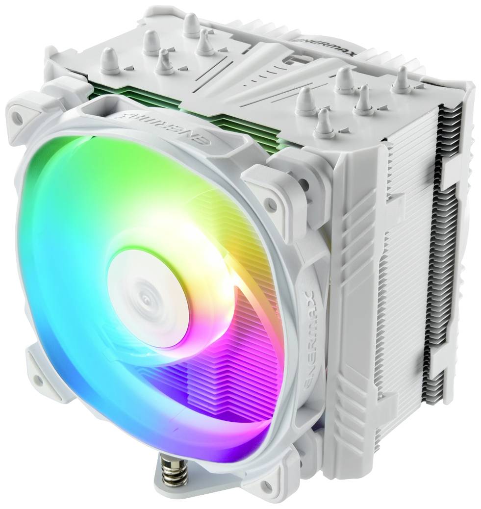 Un dissipatore di calore per CPU del computer con un ventilatore LED luminoso e colorato, circondato da alette di raffreddamento argentate per una dissipazione del calore efficace.