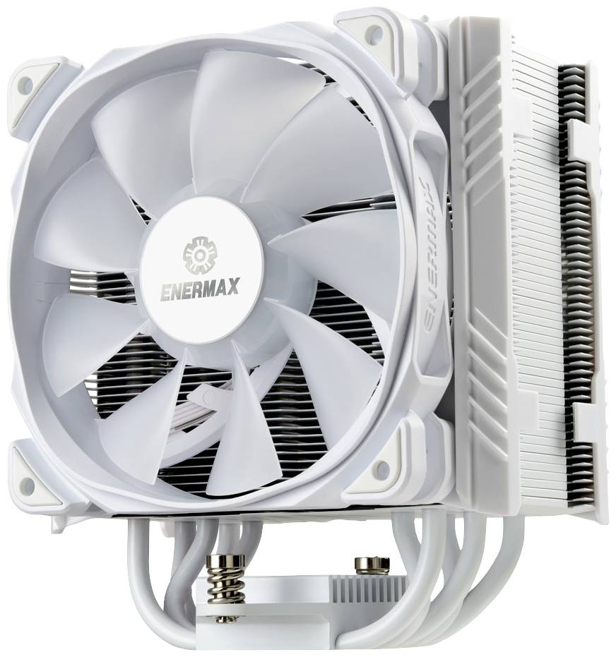 Un ventilatore CPU Enermax bianco con un grande dissipatore di calore, progettato per la dissipazione efficiente del calore dai processori dei computer.