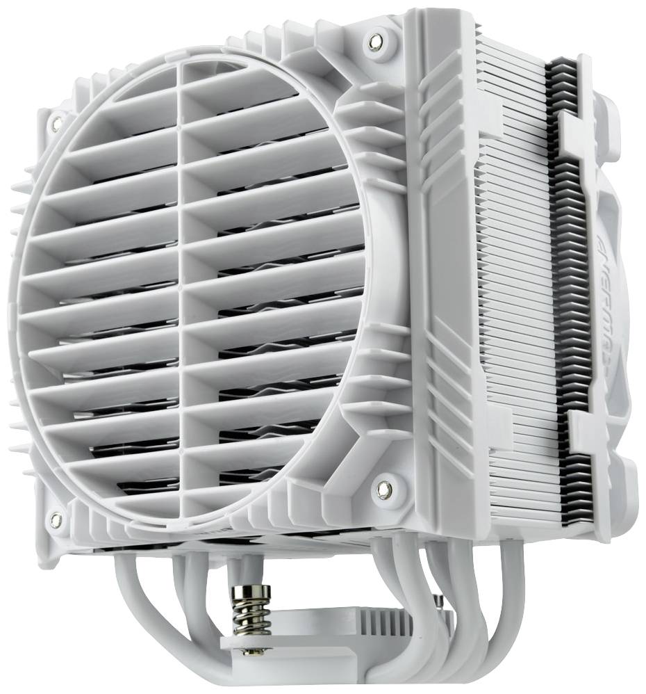 Un dissipatore di calore bianco per CPU con struttura a lamelle e heat pipe, visto lateralmente.