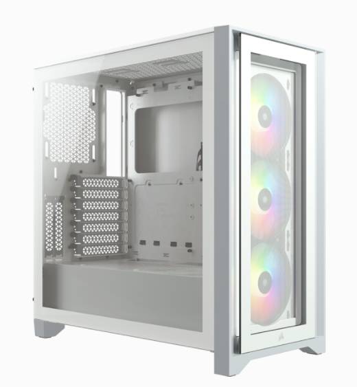 Un case PC bianco e moderno con finestra in vetro che mostra tre ventole RGB illuminate sul lato frontale. Il case è vuoto.