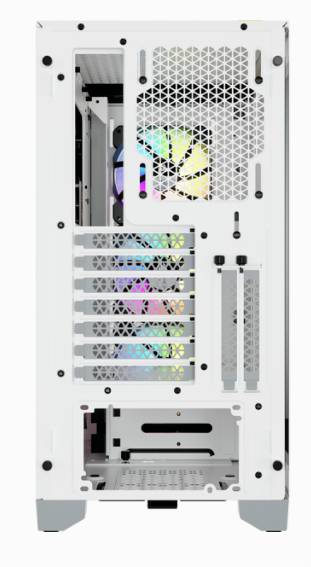 Vista posteriore di un case bianco per computer con diversi ventole illuminanti e slot espandibili.