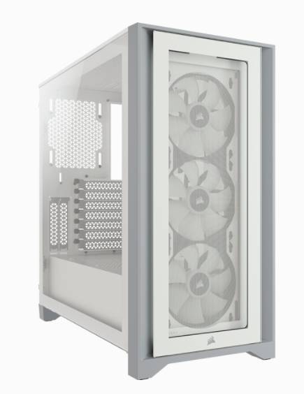 Torre per computer con involucro trasparente, tre ventole di raffreddamento visibili sul davanti. Adatta per assemblaggio e raffreddamento di PC.