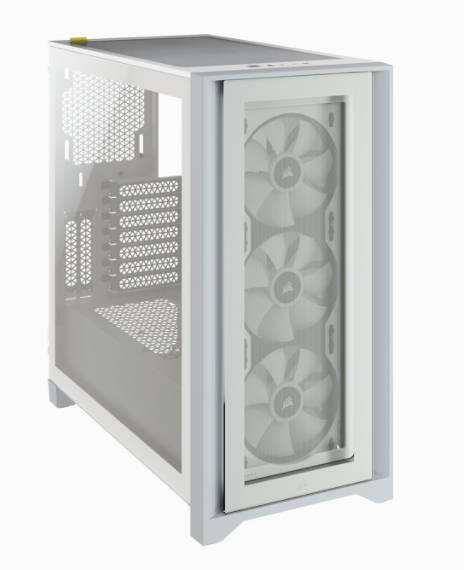 Custodia bianca per PC, vista frontale con tre ventole, design laterale a rete. Adatta per l'assemblaggio di computer desktop.