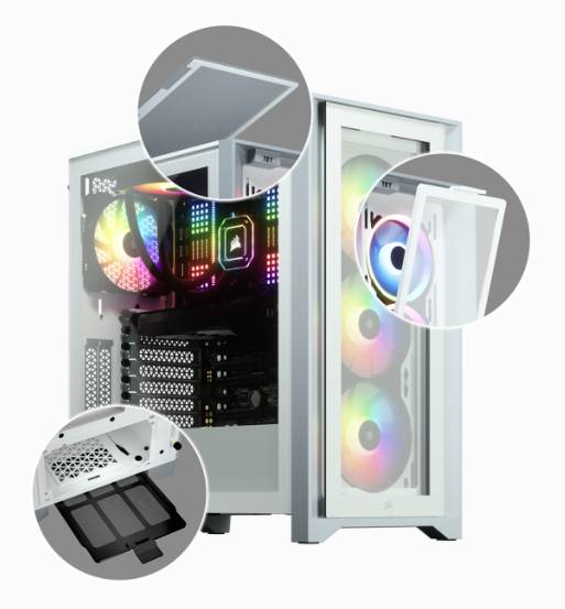 Custodia per PC bianca con illuminazione RGB, coperture aperte e ventole. Mostra la vista interna con gestione dei cavi e dettagli dei ventilatori.