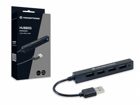 Hub USB 2.0 Conceptronic Hobbies a 4 porte nella sua confezione accanto all'hub con quattro porte e cavo corto.