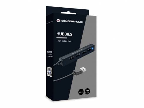 La confezione di un hub USB 2.0 a 4 porte di Conceptronic è illustrata. Il design mostra un'immagine del prodotto e la denominazione del marchio 'Hubbies'.