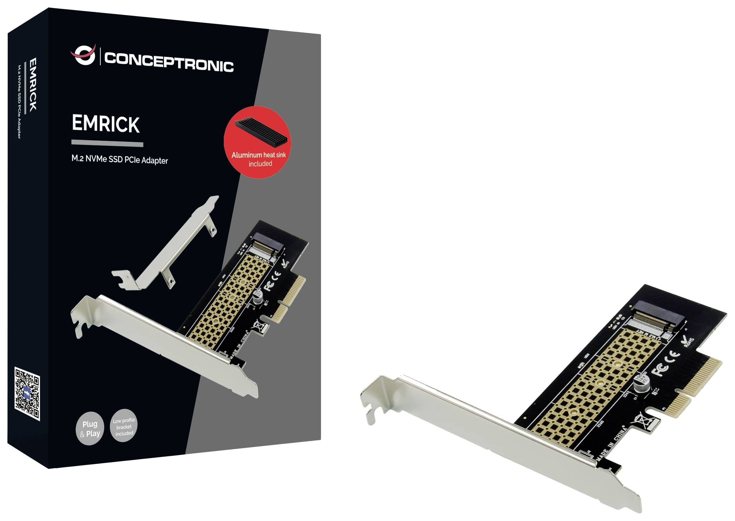 Confezione dell'Adattatore SSD NVMe PCIe M.2 EMRICK, con immagine dell'adattatore che include un dissipatore di calore in alluminio. Sullo sfondo il logo del marchio Conceptronic.