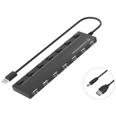 Distributore USB a sette porte con interruttori. Un cavo mostra i dettagli della porta USB.