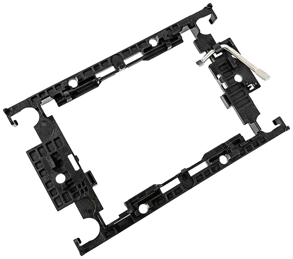 Cornice nera in plastica per componenti elettronici, con più punti di fissaggio e meccanismo a leva sul lato destro.