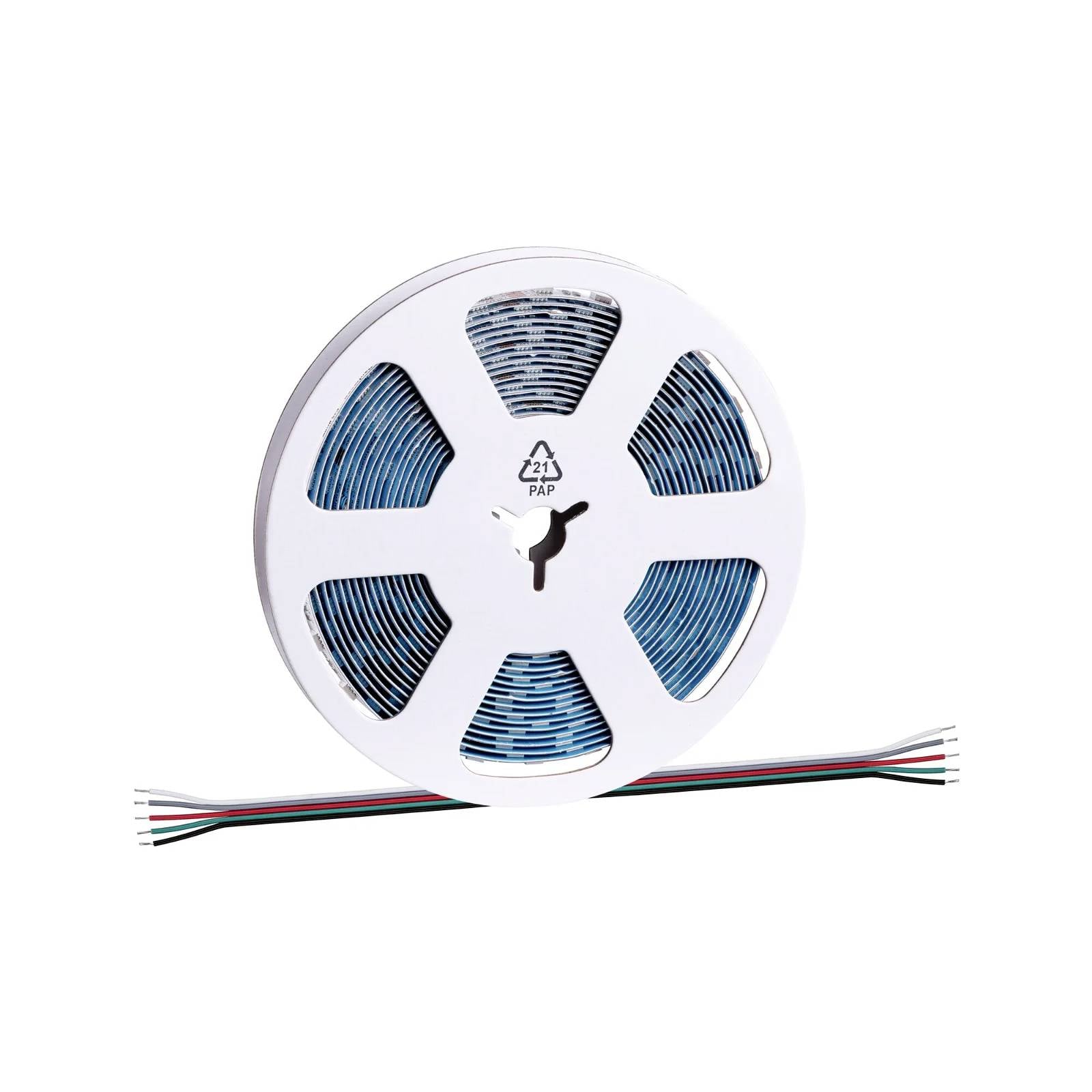Un nastro arrotolato che mostra strisce LED con cavi colorati. Ideale per applicazioni di illuminazione e scopi decorativi.