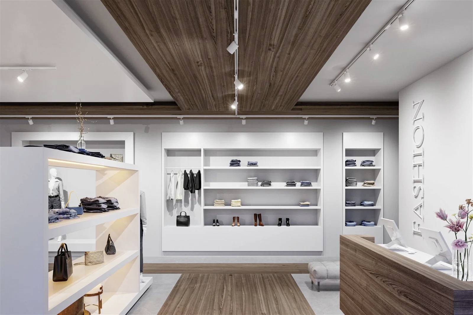 Un negozio di abbigliamento moderno con scaffali eleganti pieni di capi piegati e accessori, un'accogliente area sedute, scritta 'FASHION' sulla parete.