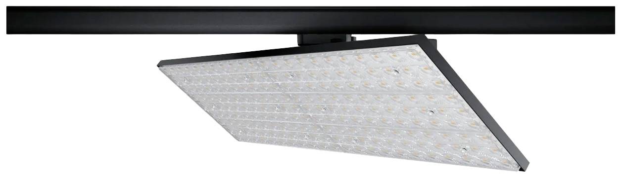 Un pannello LED in una cornice nera montato su un soffitto che mostra molti piccoli punti luminosi.