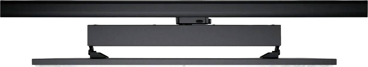 Un dispositivo elettronico nero con design rettangolare. Sembra essere composto da due componenti principali collegate da una cerniera.
