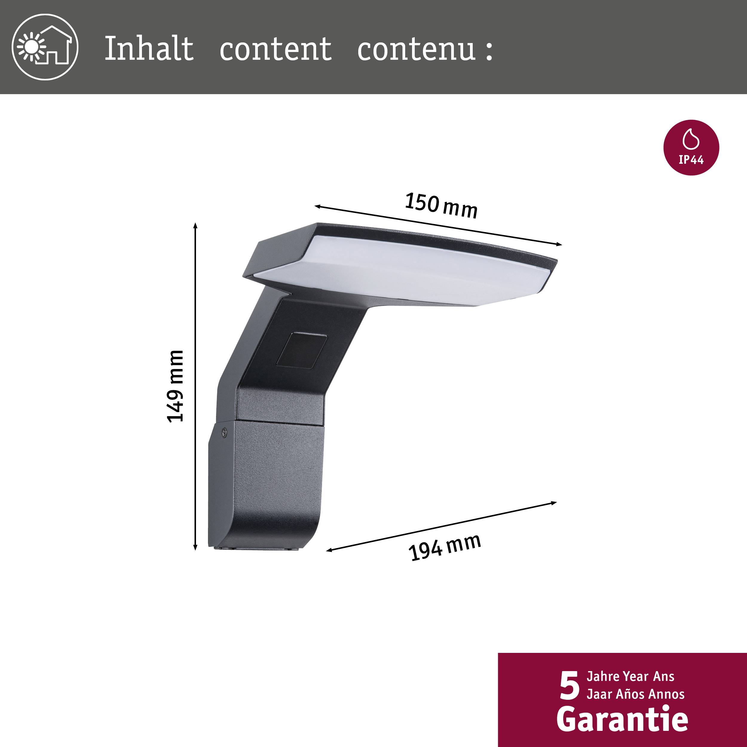 Applique murale con dimensioni: 150 mm x 149 mm x 194 mm. Contiene informazioni sulla garanzia: 5 anni, e grado di protezione IP44.