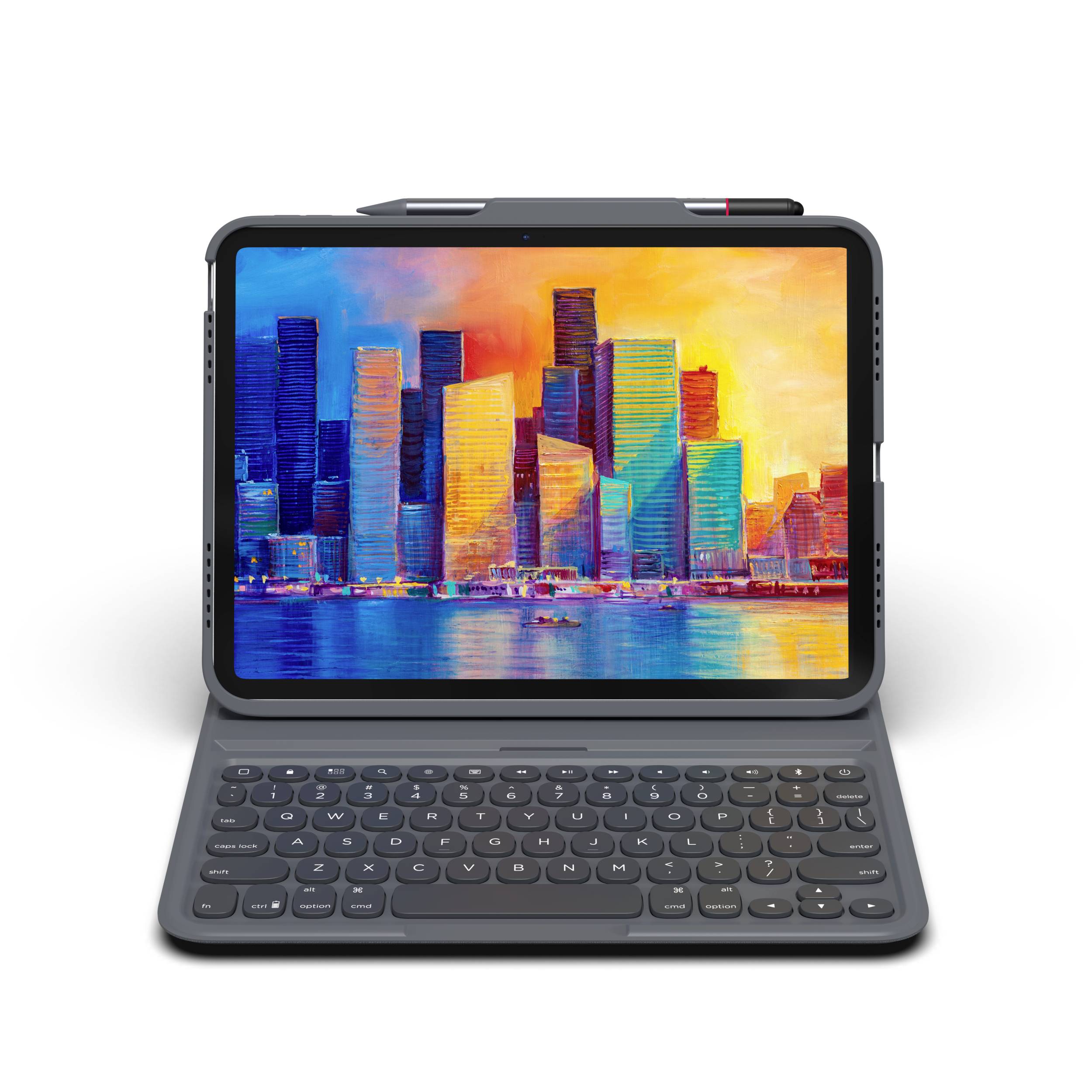 Un tablet con una tastiera mostra un paesaggio digitale con edifici colorati e maestosi sullo sfondo di un tramonto.